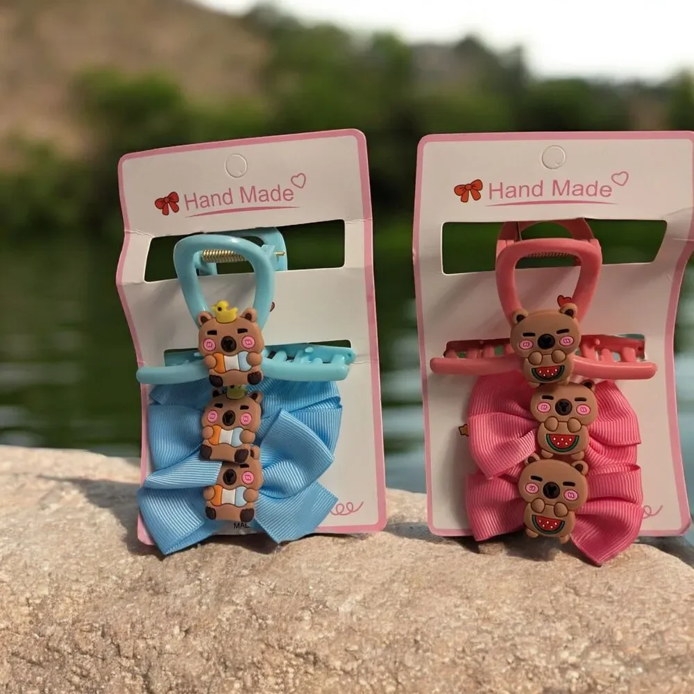 Cute Capybara Hair Claw Clips Bow Style Pink Blue Set